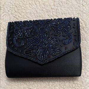 Elegant Navy Blue Beaded Clutch with Shoulder Strap